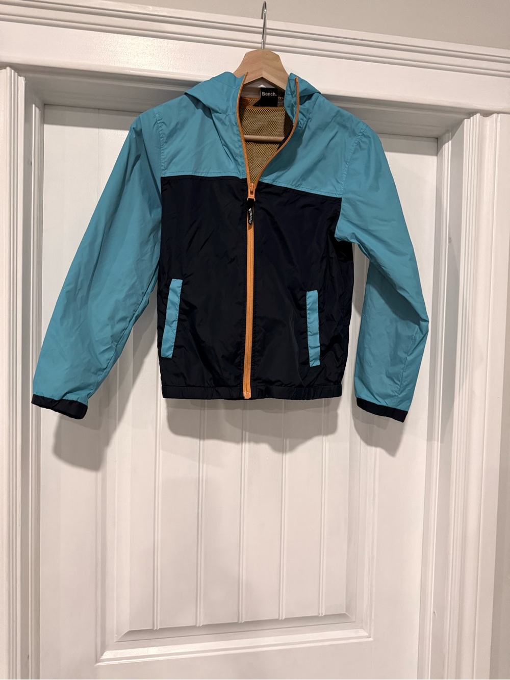 Bench Kids' Two-Tone Hooded Raincoat - Aqua & Black with Orange Zip